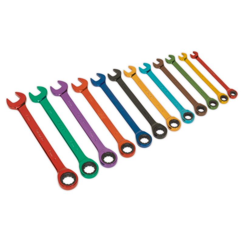 Ratchet Combination Spanner Set 12pc Multi-Coloured Metric - S01075